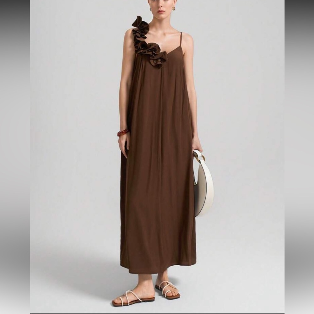 3D Floral Brown Maxi Dress